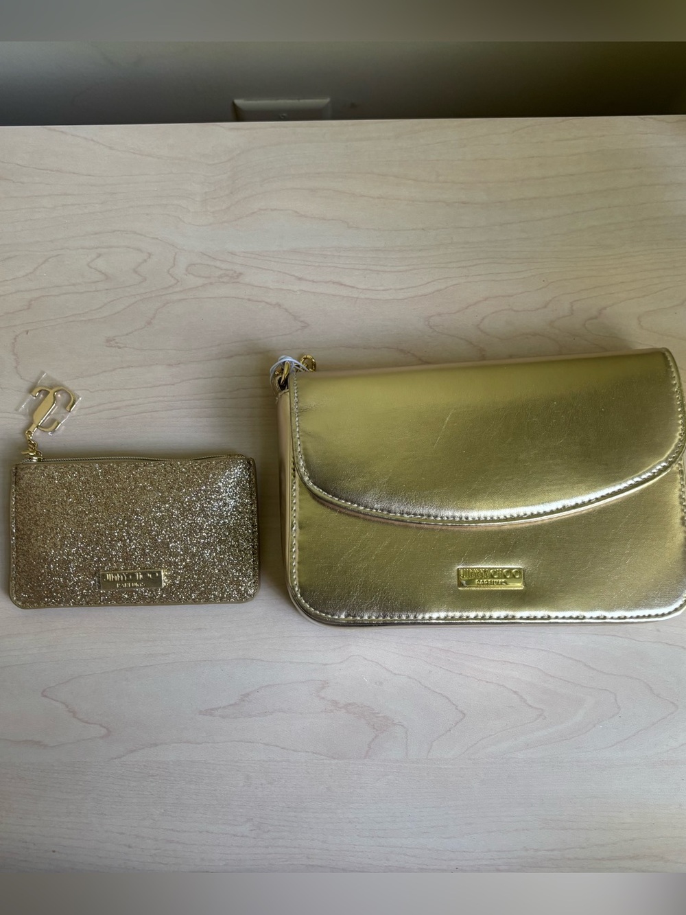 New Jimmy Choo Parfum Gold Handbag w Chain & Gold Zippered ID Case